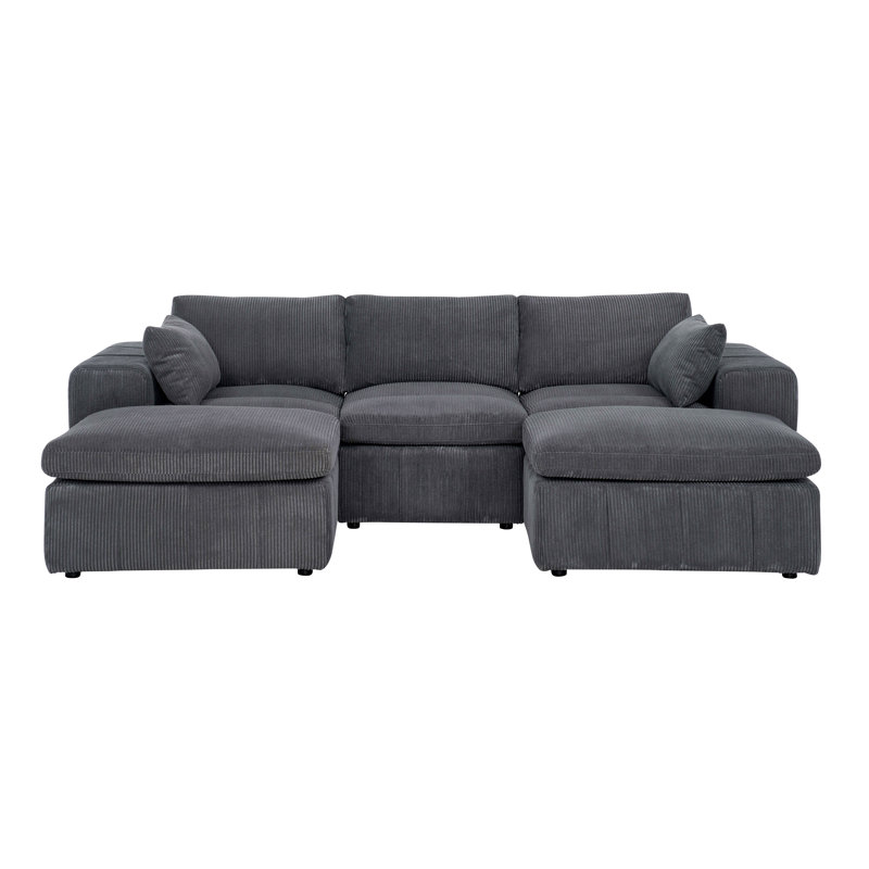 Canapé modulaire rembourré à large accoudoirs avec 2 repose-pieds Cordory, Velours côtelé gris