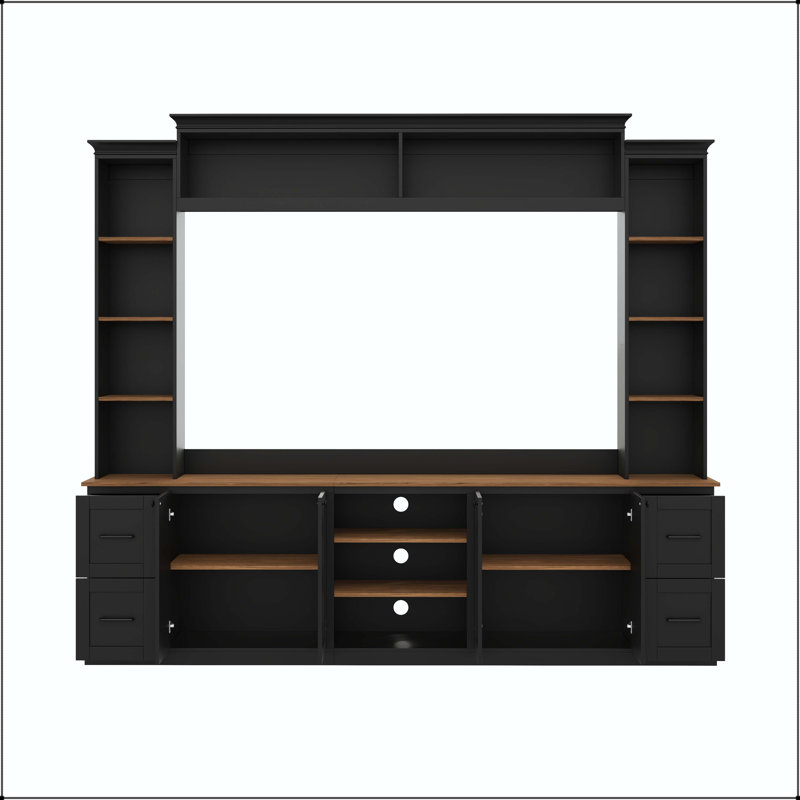 Meuble audio-vidéo 94,8 po 4 en 1 avec tablettes, 4 tiroirs et 8 tablettes réglables - noir, Black