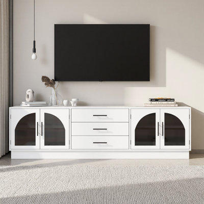 Modern Farmhouse 68.9" TV Stand for TVs up to 75", Entertainment Centre with Arched Glass Doors & 3 Drawers, Adjustable Shelves Media Console, White