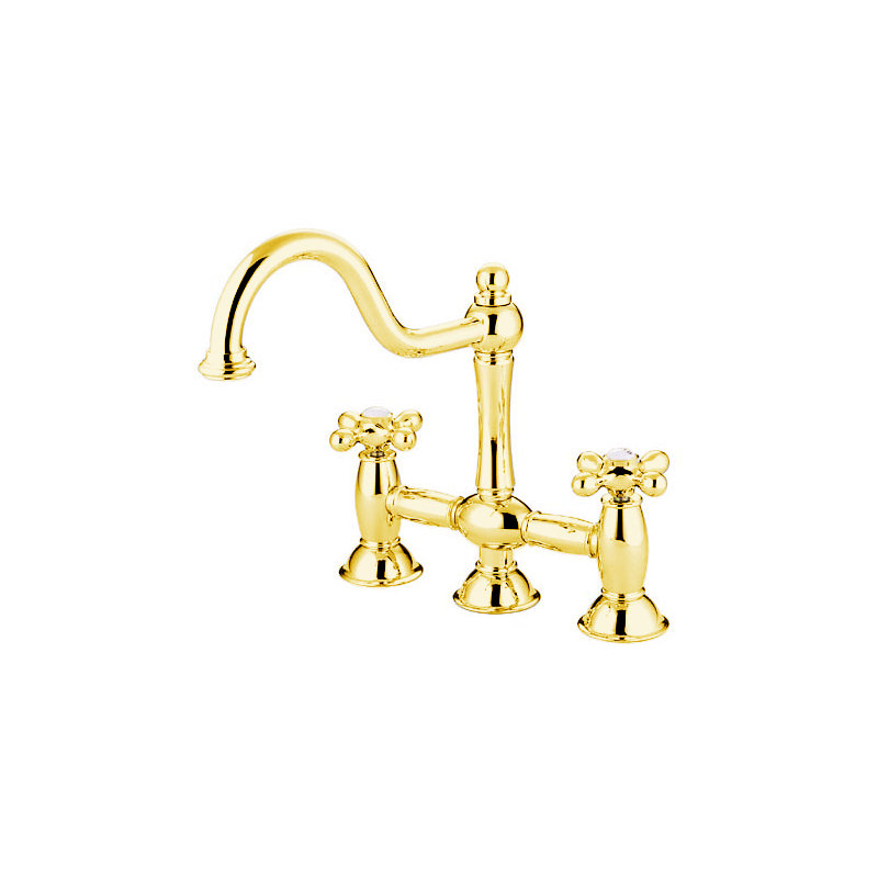 Chicago Double Handle Widespread Kitchen Faucet with American Metal Cross Handle, Polished Brass