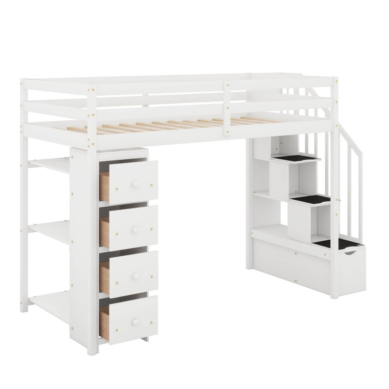 Lit mezzanine simple avec tiroirs et escaliers, Blanc