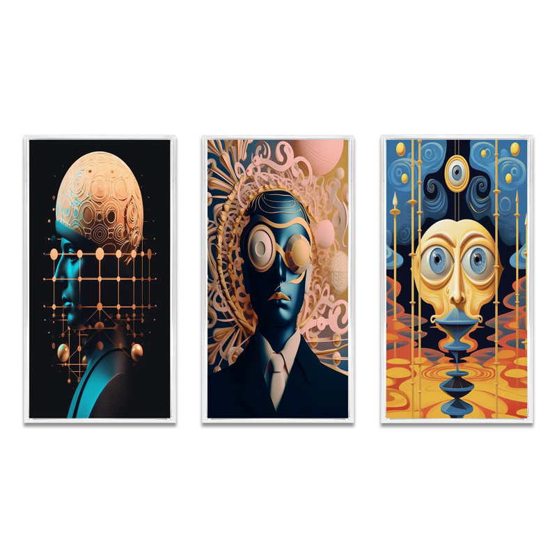 «Sci-Fi Portrait Of Blue Futur Man», 3 pièces sur toile, H 20 po x l 36 po, Cadre flottant blanc