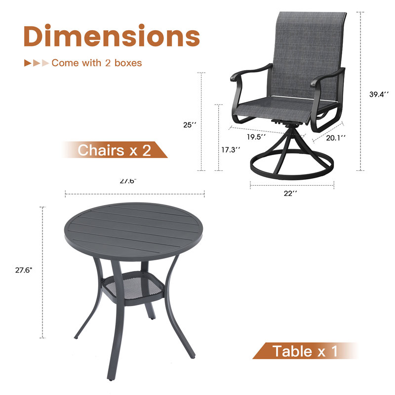 3 Pieces Patio Dining Set with Round Dining Table and 2 PVC-coated polyester Swivel Chairs, Black