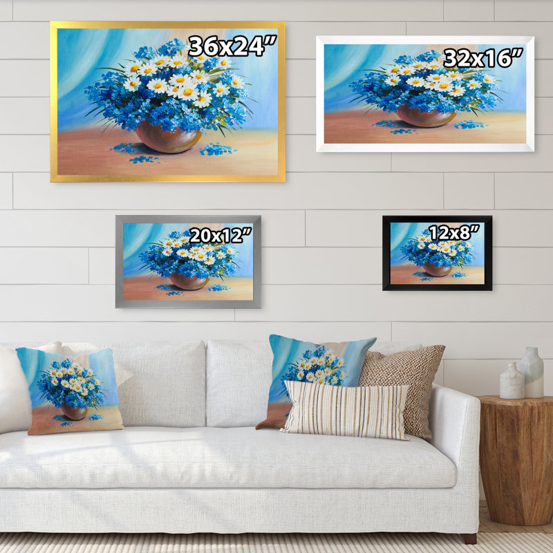 Nature morte fleurs bleues et blanches dans un vase - reproduction sur toile avec cadre flottant, Toile avec cadre noir