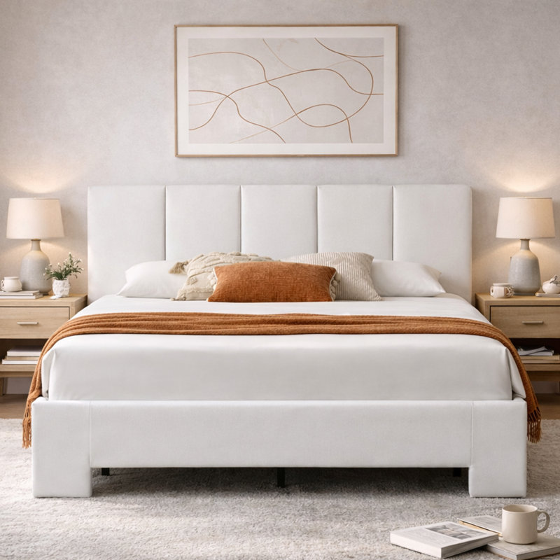 Coletti 44“ Tall Headboard Linen Upholstered Platform Bed,White,Queen, Queen, White