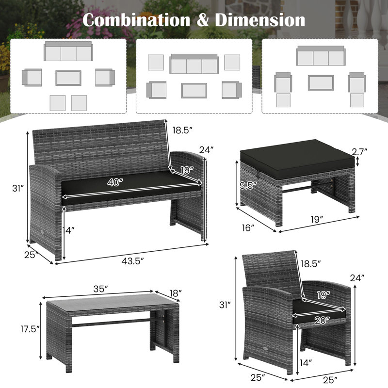 Ensemble de 6 canapés modulaires pour l'extérieur, Gris, Noir
