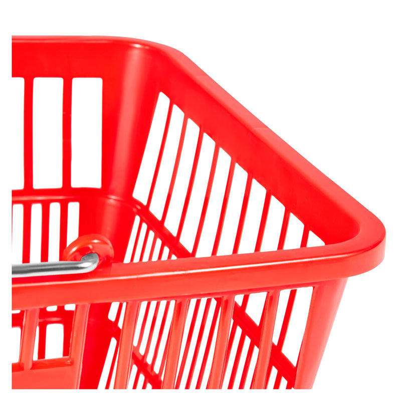 12-Pack Stackable Red Shopping Baskets - 21L Heavy Duty Plastic Grocery Totes with Metal Handles for Retail, Supermarket & Home Storage