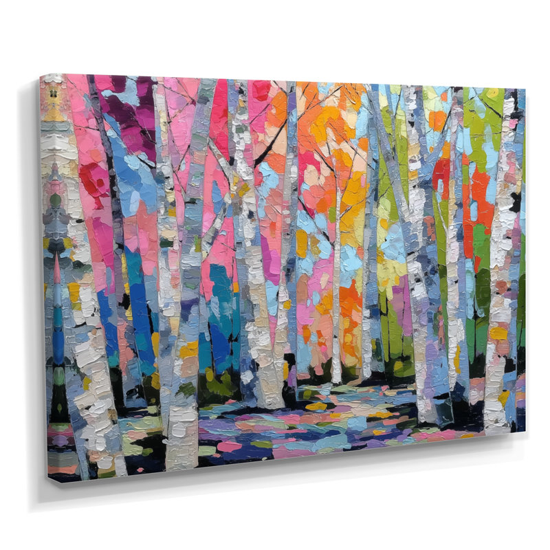 «Pink Orange Vibrant Birch Forest», impression d'art sur toile rose nature, H 30 po x l 40 po, Toile tendue