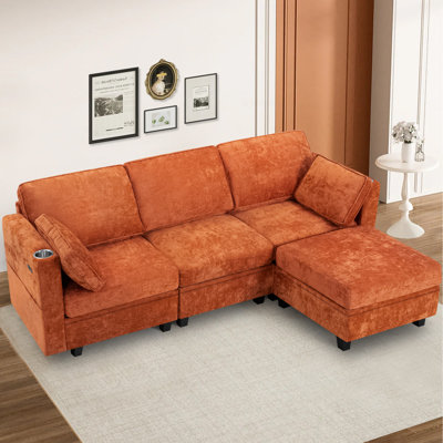 Canapé modulaire en chenille de 86 po avec dossiers réglables, canapé modulaire à 4 places avec port USB et porte-gobelets, canapé moderne en forme de L avec espace de rangement pour le salon, la chambre à coucher