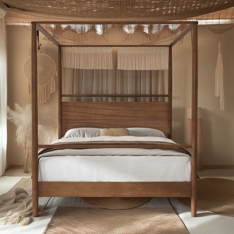 Mid-Century Modern Canopy Bed Frame - Solid Wood 4-Poster Design, Walnut Finish, No Box Spring Needed, King