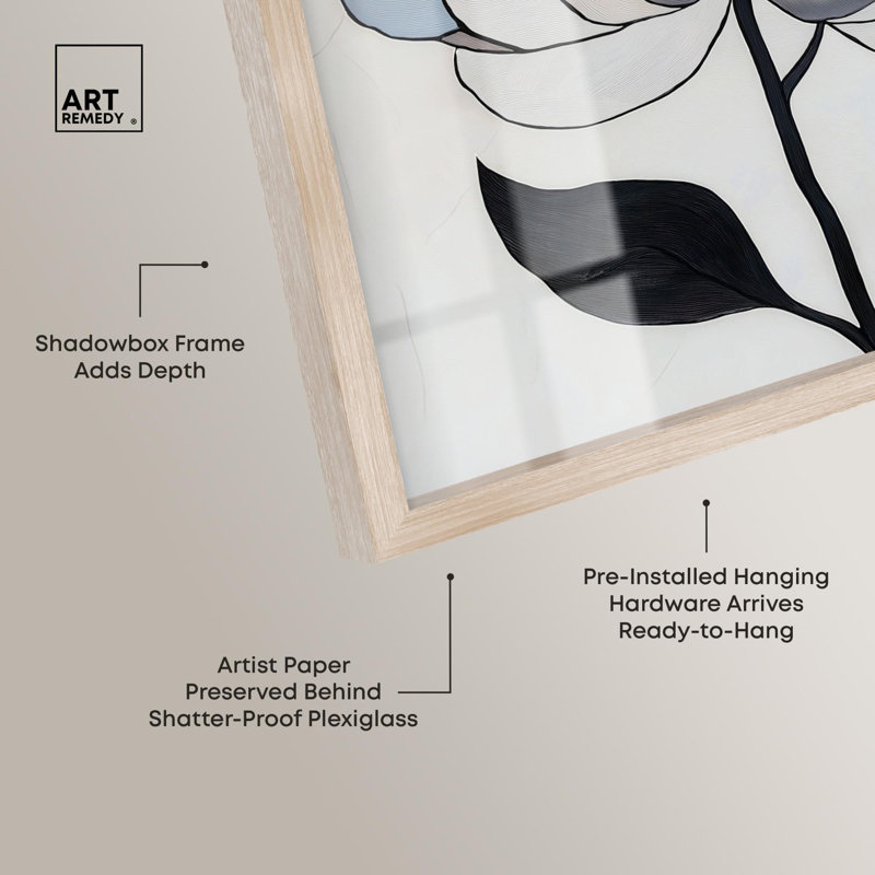 «Grey Scale Flower II Shadowbox», élégante décoration florale par Art Remedy, H 17 po x l 17 po, Crème, crème