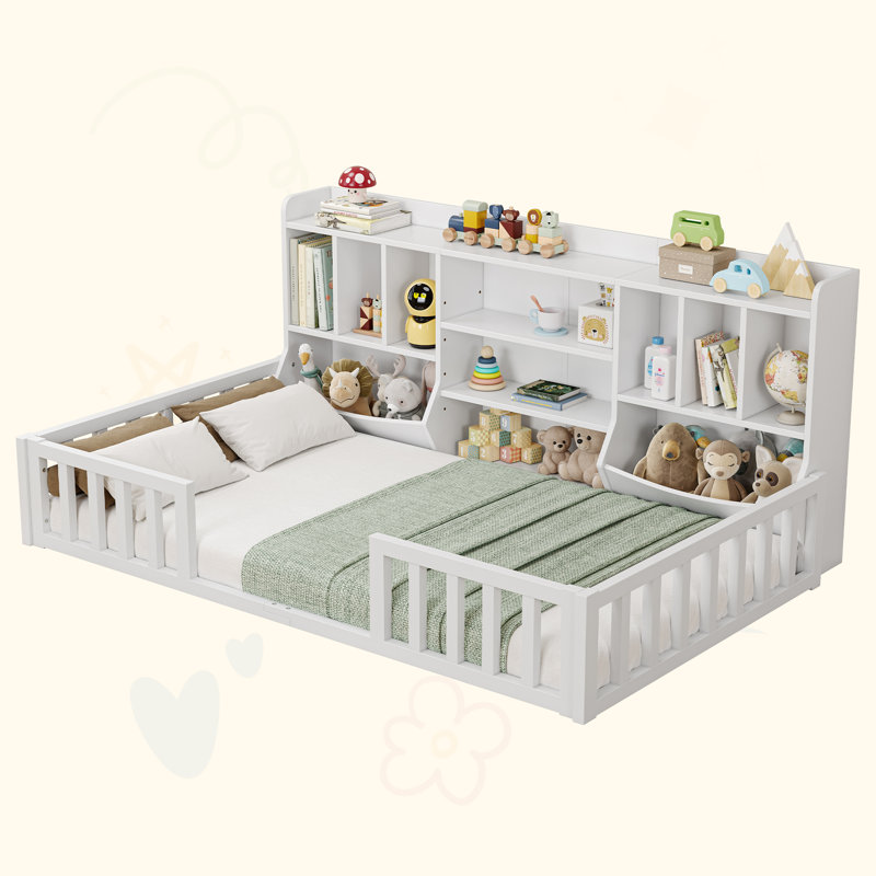 Lit simple avec bibliothèque Montessori, tablettes de rangement et rails de sécurité, cadre de lit en bois facile à assembler, blanc