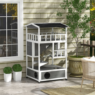 Maison pour chat d'extérieur en bois Pawhut, maison pour chat avec abri pour chat avec toit en asphalte, portes de secours, condo, plateforme de saut, gris clair