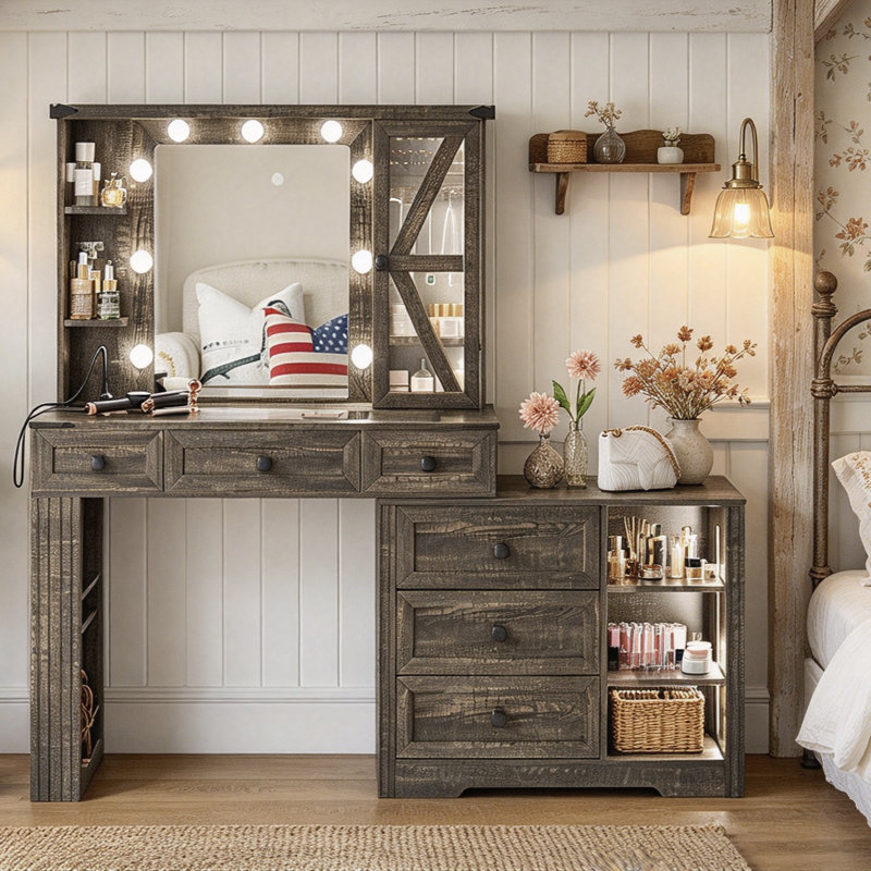 Meuble-lavabo avec armoire de rangement et prise de courant	, Brun
