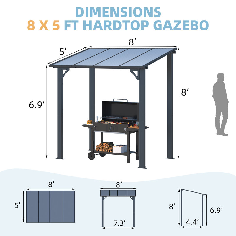 Pergola en aluminium avec auvent, Noir, 8 pi x 5 pi