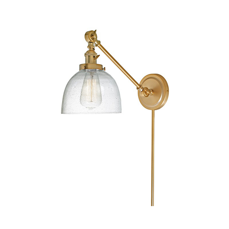 Martucci Plug-in Swing Arm Sconce, Rubbed Brass, Seedy Glass