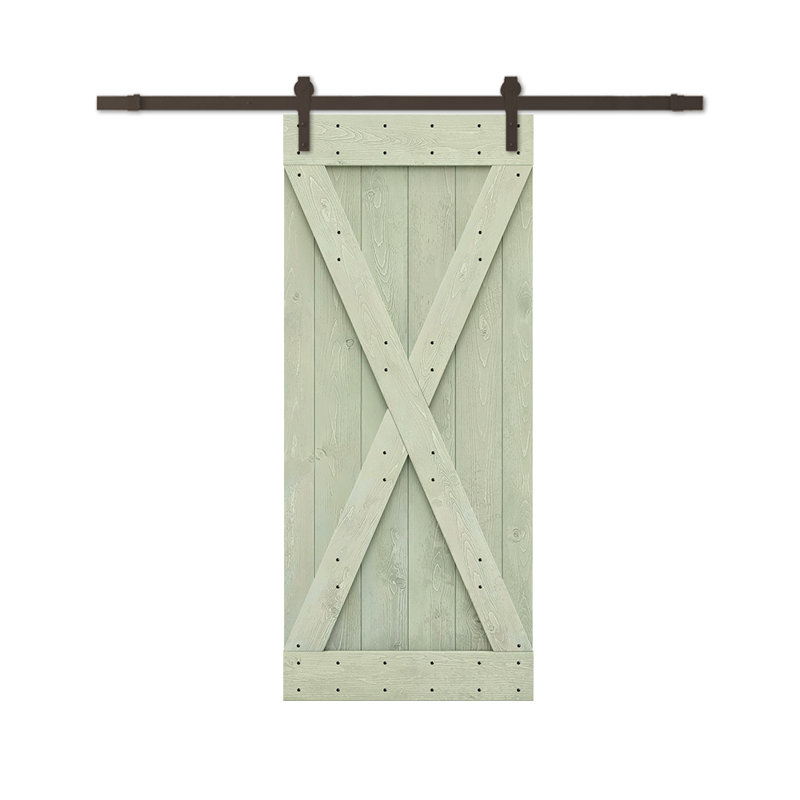 Porte de grange à panneaux et en bois avec quincaillerie d'installation, 46 po x 84 po, Vert sauge, Bronze huilé