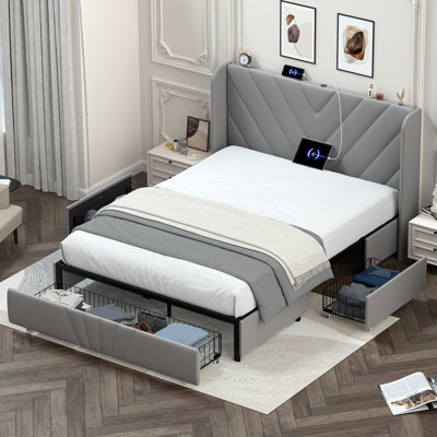 Structure de lit en métal avec tête de lit tapissier, tiroirs de rangement, ports de chargement USB et Type-C, aucun sommier nécessaire