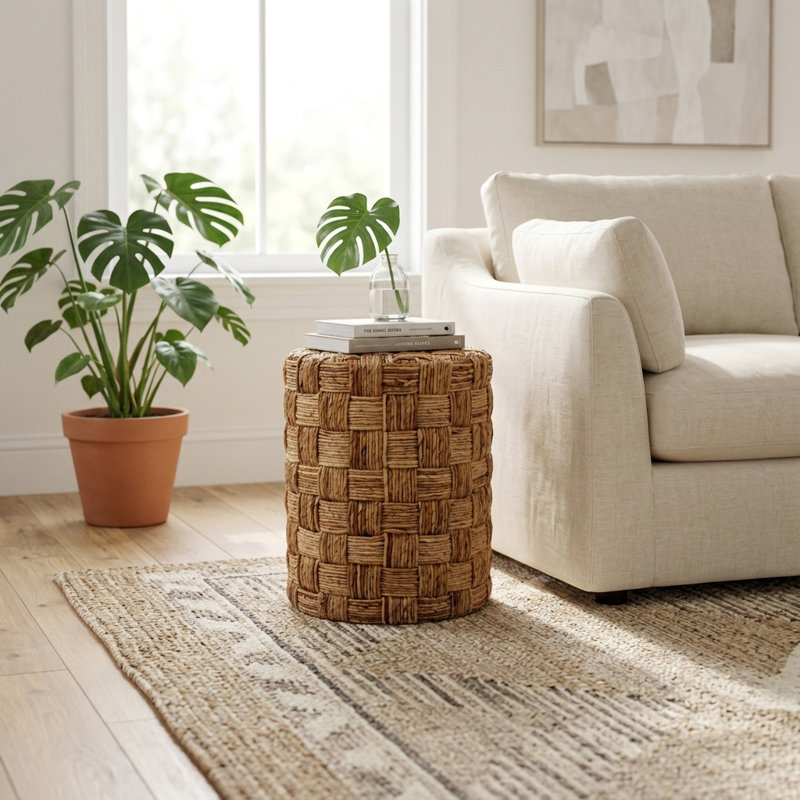 Tabouret de salon rond en fibre de banane tissée à la main, sans dossier - Assise texturée au design compact, idéale pour la coiffeuse - 45,7 cm, marron