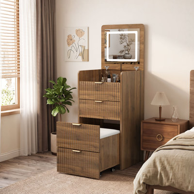 Coiffeuse 3 en 1 de 48 cm (18,9 po) avec miroir rabattable, éclairage, 3 tiroirs et tabouret, idéale pour les petits espaces.