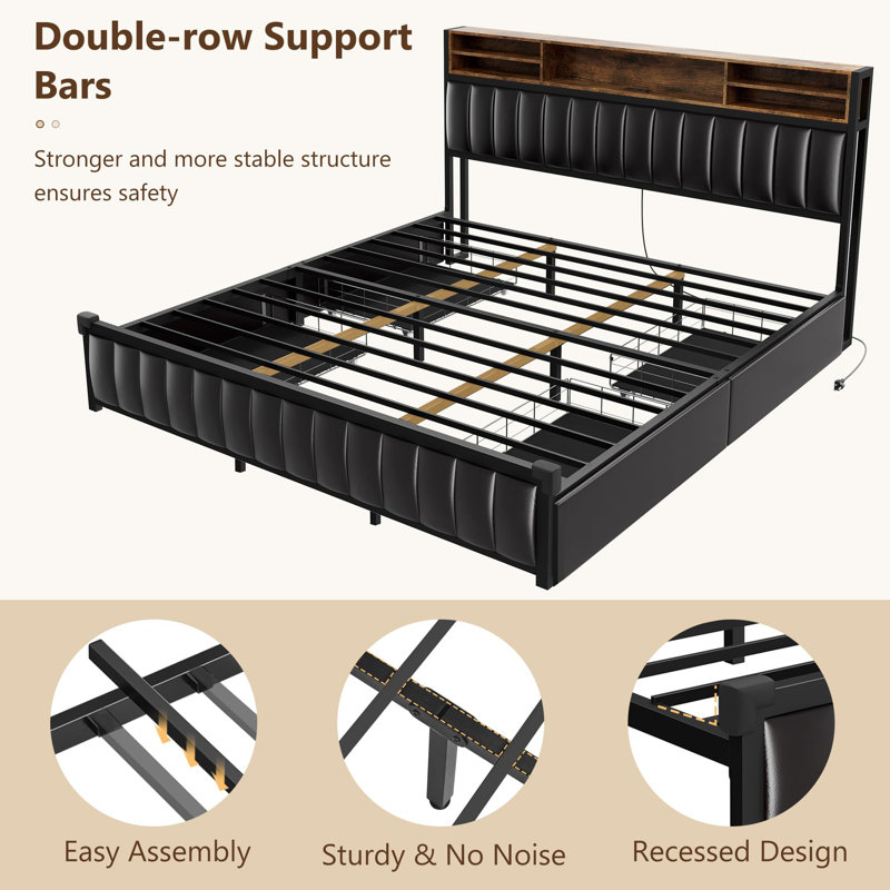 King Size Black Upholstered Bed with LED Lights, Storage Drawers, and Bookcase Headboard