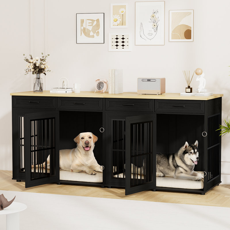 Meuble double 86,7 po pour caisses pour chien, grand chenil de ferme avec 4 tiroirs comme meuble télé, cage robuste pour 2 grands chiens