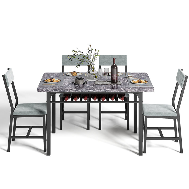 Modern Style 5-Piece Dining Table Set with 43.3"L x 27.6"D Rectangular Faux Marble Top Dining Table and 4 Velvet Upholstered Dining Chairs, 4-Person Dining Set with Under-Table Storage