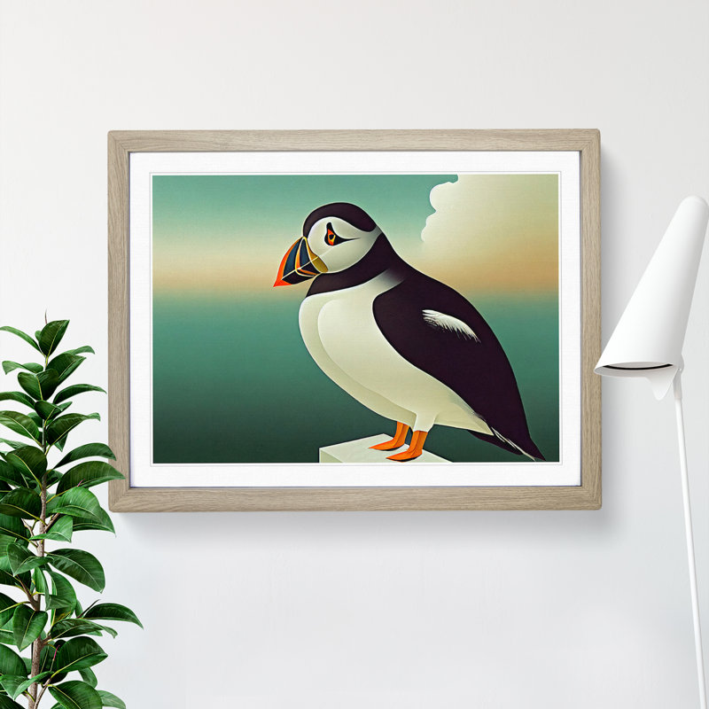 XH1022-6996X Pleasant Puffin Bird - Single Picture Frame Print, 34cm H x 46cm W x 2cm D, Oak Framed
