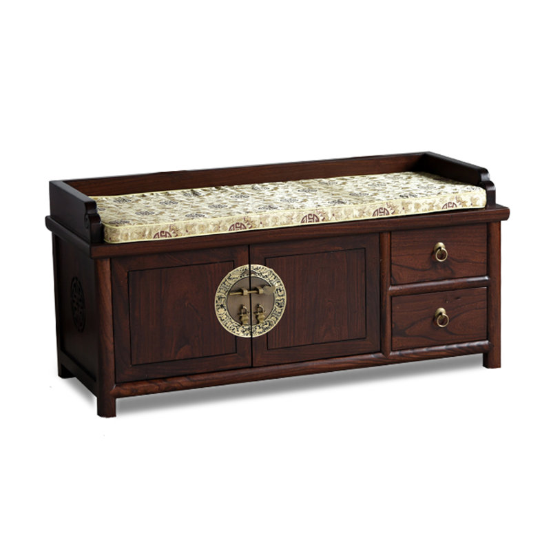 Banc de rangement oriental traditionnel en bois massif avec décoration et coussin en laiton