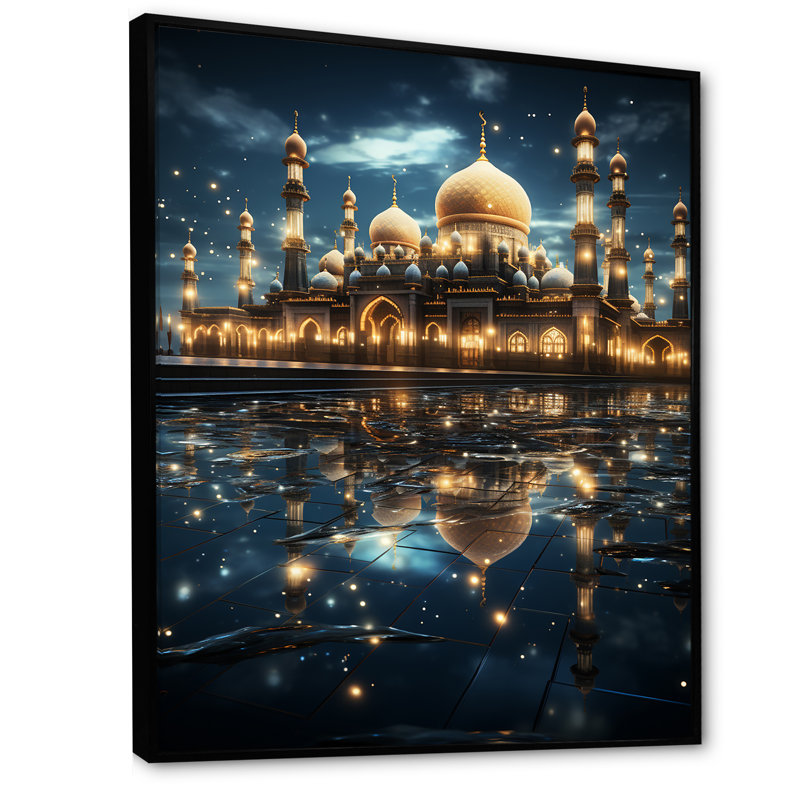Lumière éternelle de la mosquée de l'Islam la nuit - Art africain; Art mural sur toile, Cadre flottant noir