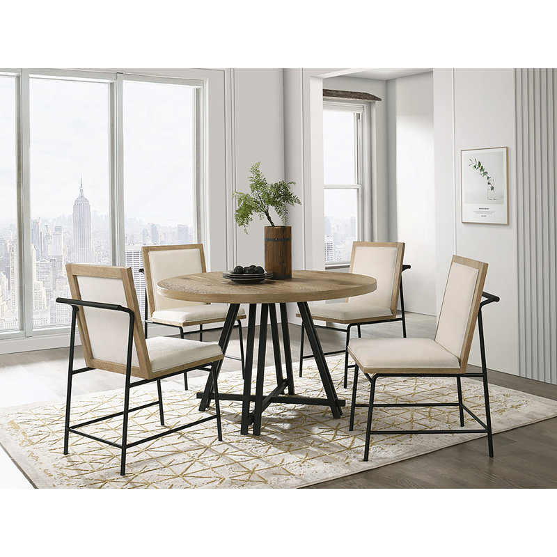 Ensemble de table de salle à manger ronde avec chaises rembourrées, finition chêne et charge USB intégrée pour les maisons modernes.