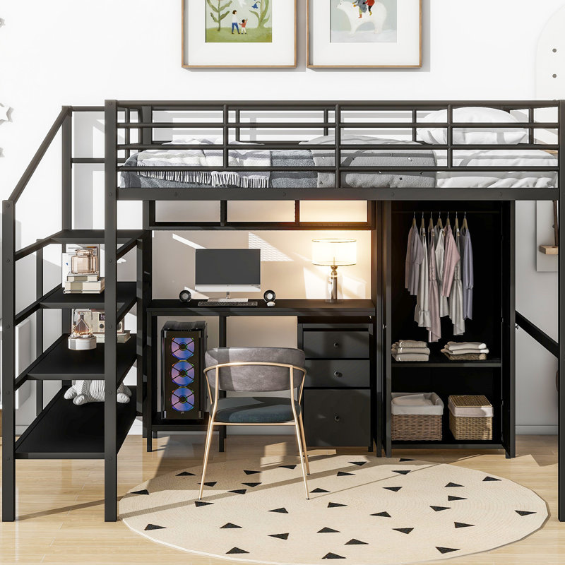 Lit mezzanine pleine grandeur en métal avec table et garde-robe, noir - look moderne, construction, compartiments de rangement spacieux, guide d'assemblage rapide complet, conception, structure, installations, fonctionnement sans effort
