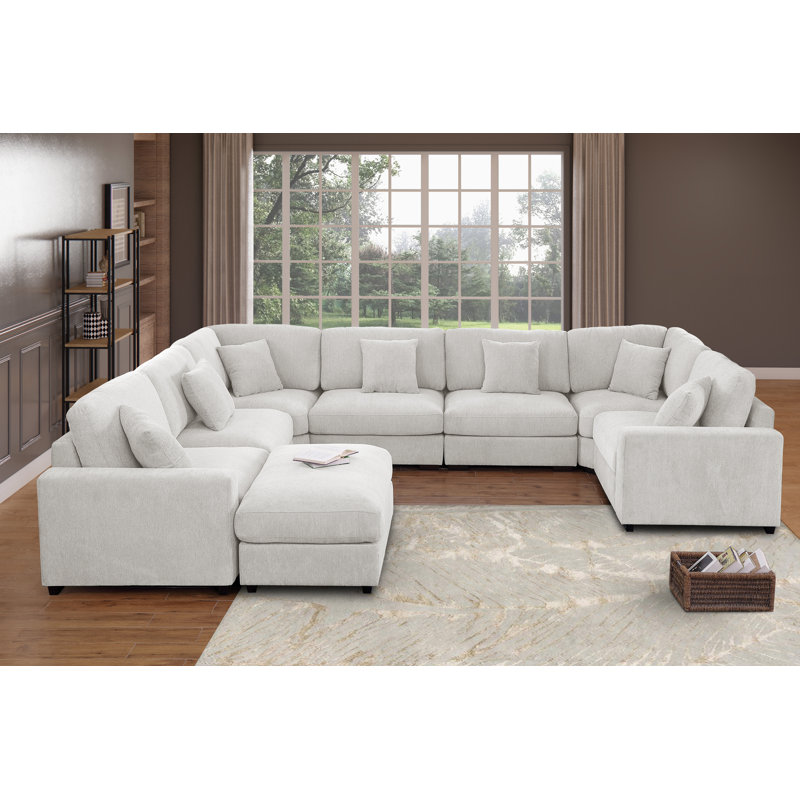 Grand canapé modulaire en chenille 11 pièces modulaire , Polyester blanc kaki