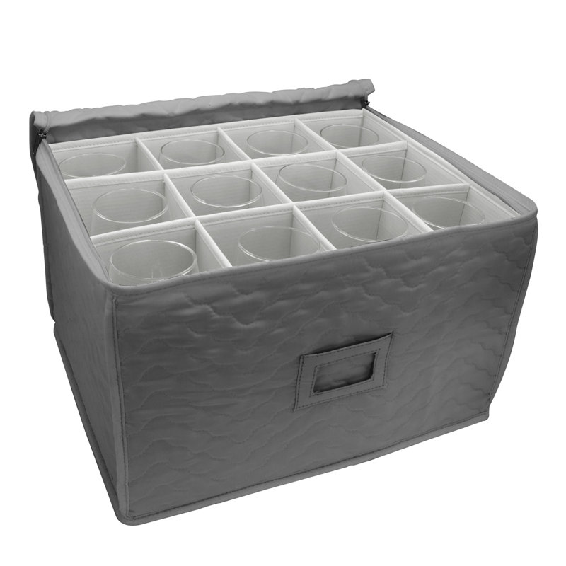 Gray Quilted Fabric Lidded Stemware Storage Box with Dividers