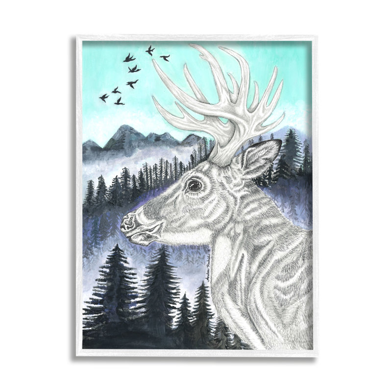 Portrait d'un élan au crayon, paysage de montagne bleue par Andrea Kochish - impression, H 30 po x l 24 po
