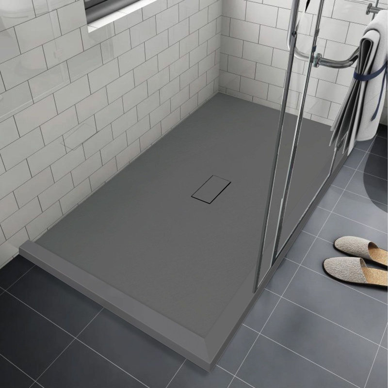 Transolid Trimslate 51-in x 40-in Shower Base with Adjustable Double Threshold and Center Drain, Dark Gray