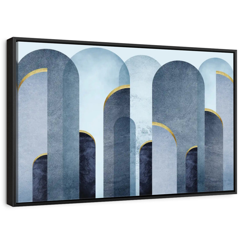 Mid-Century Arches Blue Gold, 46" X 31", Floating Frame Black