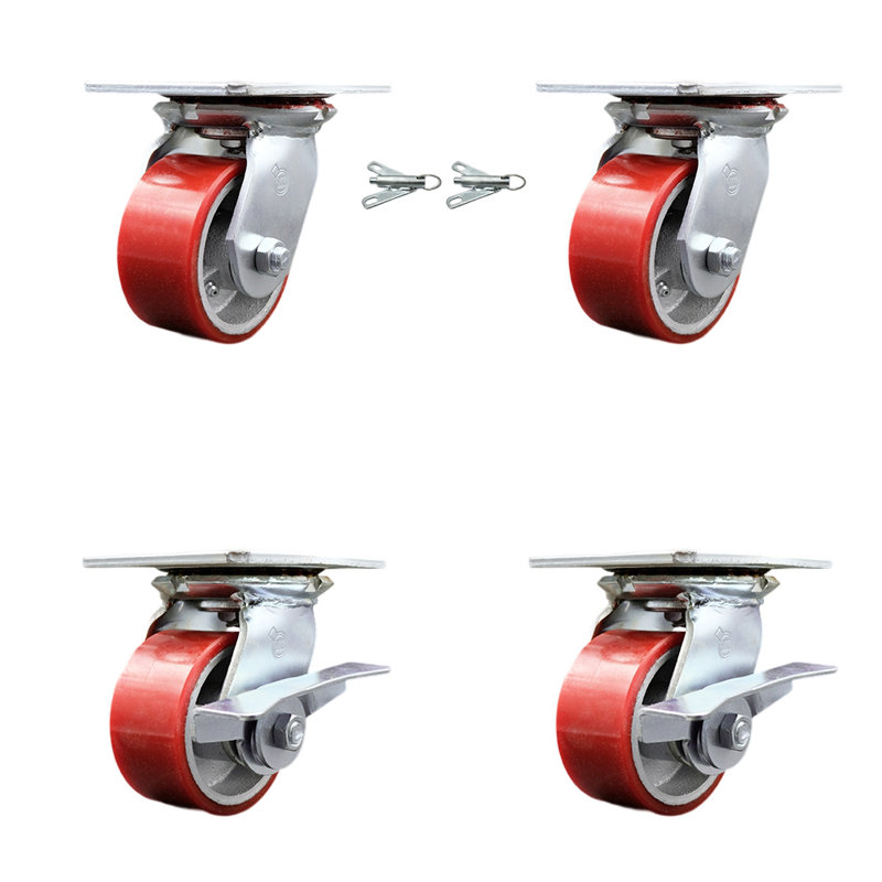 4 Inch Red Poly on Cast Iron Swivel Caster Set 2 Swivel Locks 2 Brakes SCC, Red