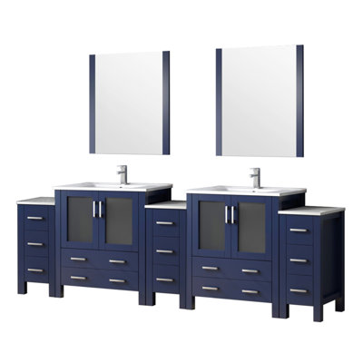 Navy Blue Double Bath Vanity 108 in. W x 18.25 in. D, with Side Cabinets, White Ceramic Top, 34 in. Mirrors, and Faucet Set