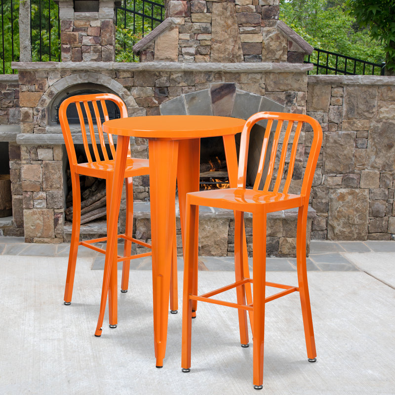 Drumfane 30'' Round Metal Indoor-Outdoor Bar Table Set with 2 Vertical Slat Back Stools, Orange, 30'' x 30'' x 41''