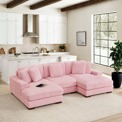 Large Seating Corduroy Upholstered Double Chaise Sectional with Adjustable Lumbar Support and Toss Pillows for Enhanced Comfort