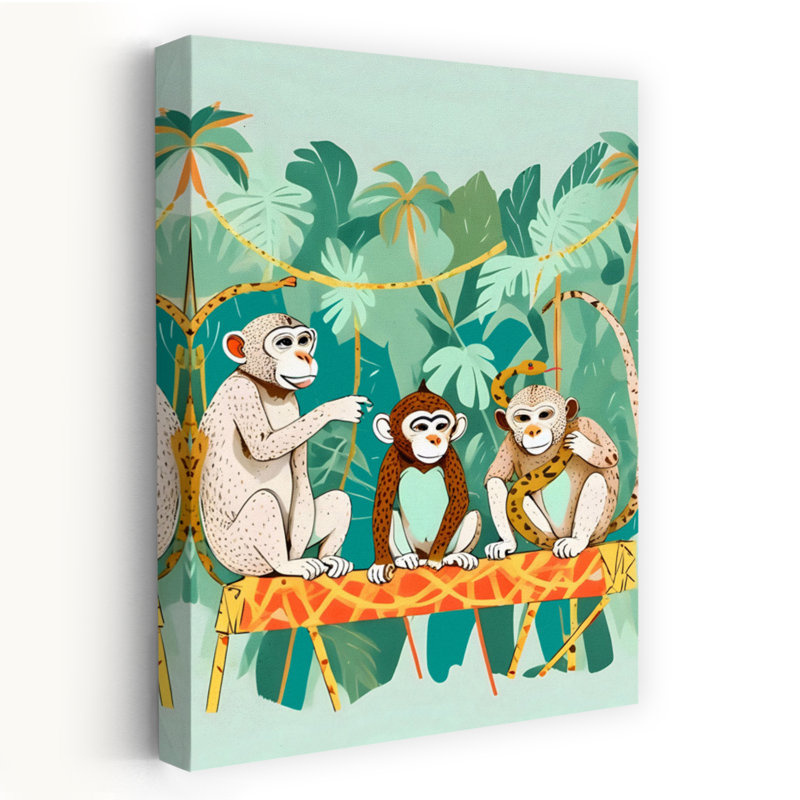 Trio de singes de la jungle, palmier abstrait, singe, serpent, paysage, nature, affiche murale, H 36 po x l 24 po