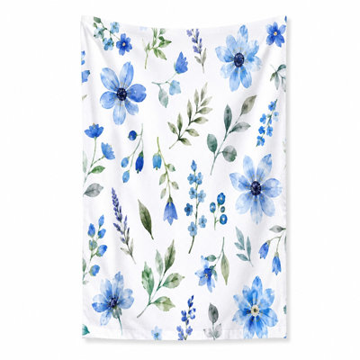 1Pcs Blue Floral Beach Towel, featuring delicate flowers and green leaves in a watercolor style. Large microfiber, perfect for outings, travel, camping, unisex.
