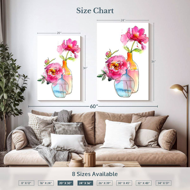 Pivoine dans des vases, H 36 po x l 24 po