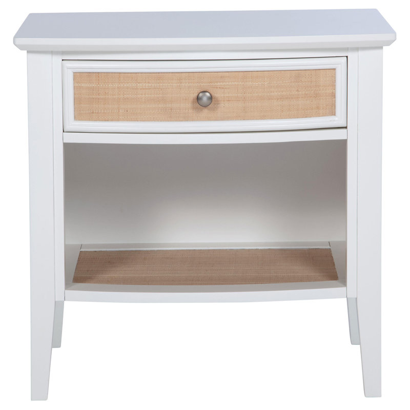 Table de chevet Heo, 1 tiroir tissé en rotin brun, tablette ouverte, bois blanc