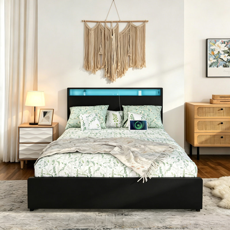 King Size Farmhouse Wooden Bed Frame, LED Lit Headboard Platform Bed with Rolling Storage Drawers for Bedroom, King, Black