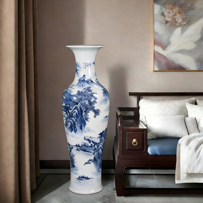 Grand vase décoratif en céramique de 62,99 po peint à la main en bleu et blanc Jingdezhen