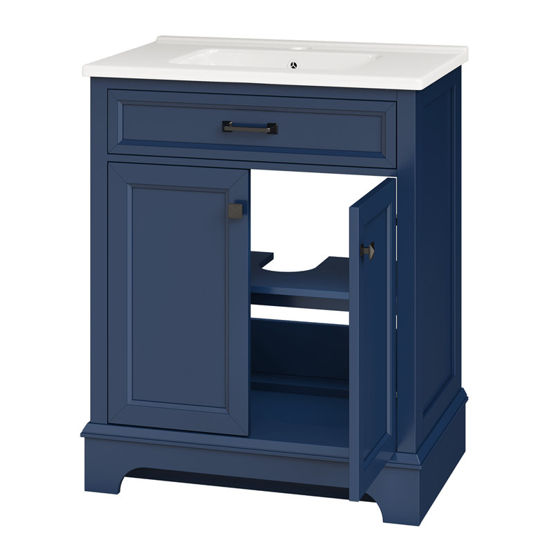 28" Single Bathroom Vanity With Ceramic Top And Double-Door Storage Cabinet, Blue