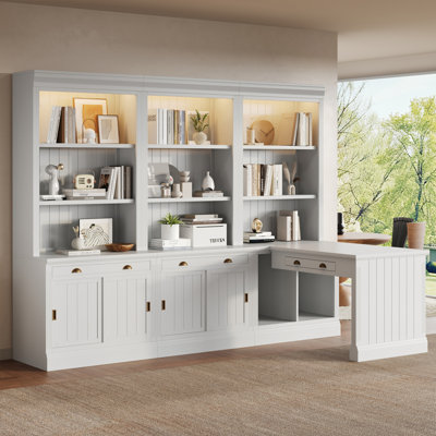 Suite de 83,4 po de hauteur pour 2 bibliothèques et 1 bureau d'écriture, bibliothèque moderne avec éclairage à DEL, tiroirs, portes coulissantes, bureau d'étude et tablettes ouvertes, ensemble de 3 pièces pour le salon, le bureau personnel et le bu