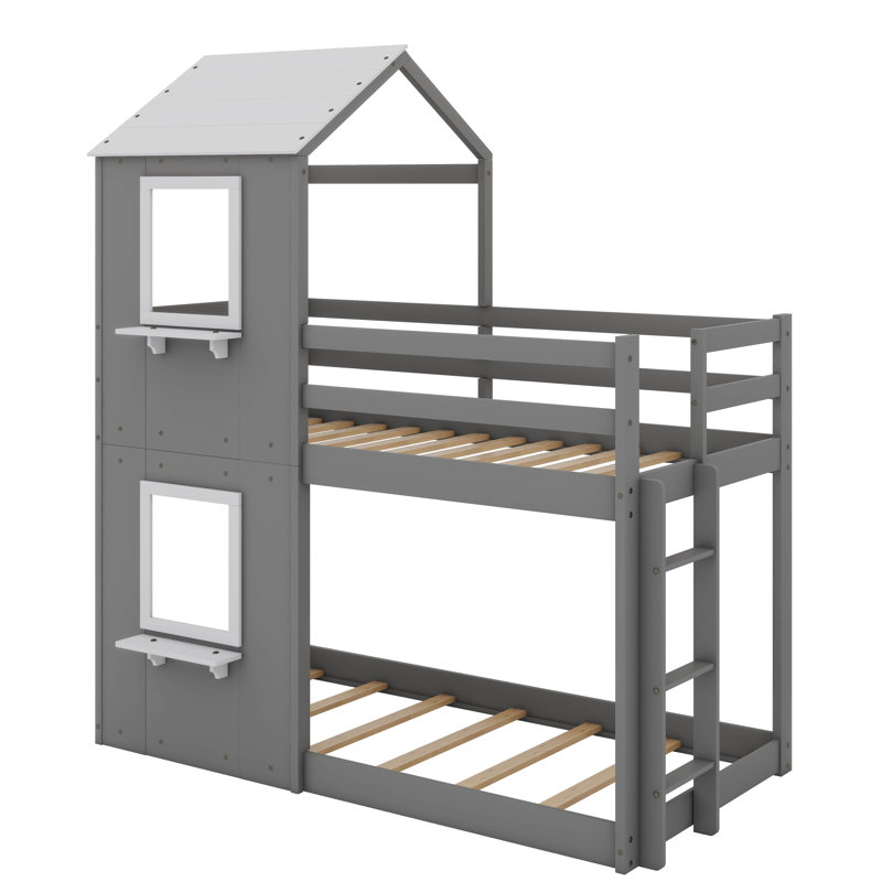 Enchanteur lit superposé simple en bois avec toit, Gris